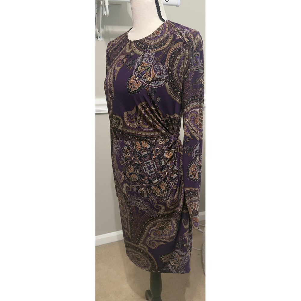 Lauren Ralph Lauren Purple Paisley Long Sleeve  Drape Sheath Dress Womens 8 326 - Picture 5 of 6
